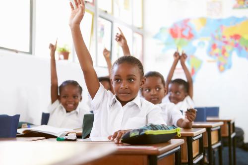 Students raise their hand in a classroom.