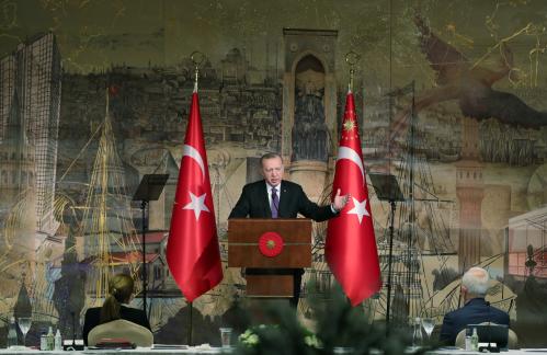 Turkish President Tayyip Erdogan speaks during a meeting with businesspeople in Istanbul, Turkey, January 15, 2021. Presidential Press Office/Handout via REUTERS ATTENTION EDITORS - THIS PICTURE WAS PROVIDED BY A THIRD PARTY. NO RESALES. NO ARCHIVE.