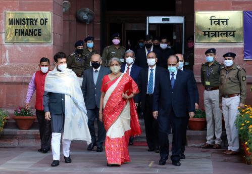 Minister of Finance, Nirmala Sitharaman leaves the North Block of the Central Secretariat building for the Parliament to announce the union budget in New Delhi. (Photo by Ganesh Chandra / SOPA Images/Sipa USA)No Use Germany.