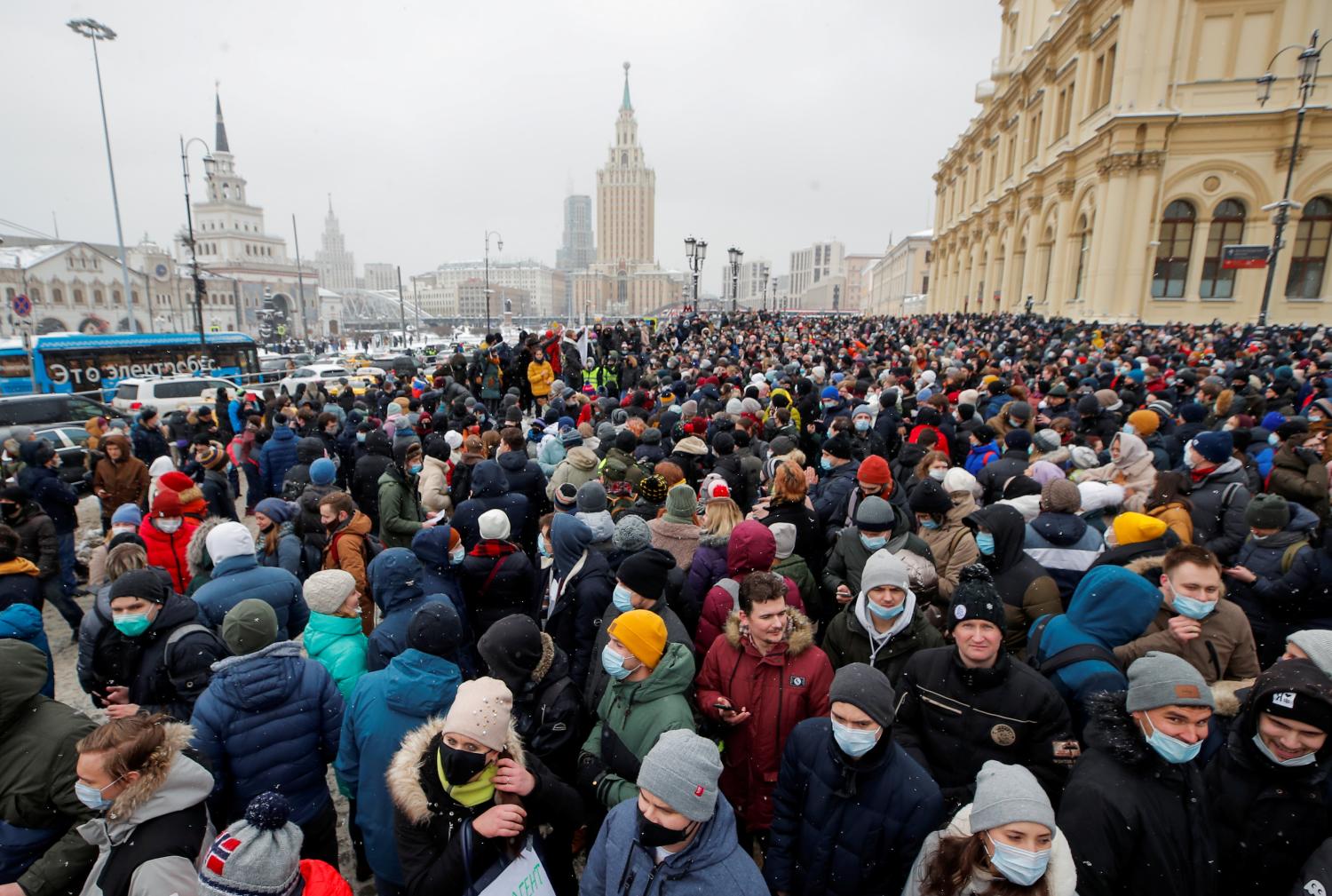 FILE PHOTO: Protestors rally in support of jailed Russian opposition leader Alexei Navalny in Moscow, Russia January 31, 2021. REUTERS/Maxim Shemetov