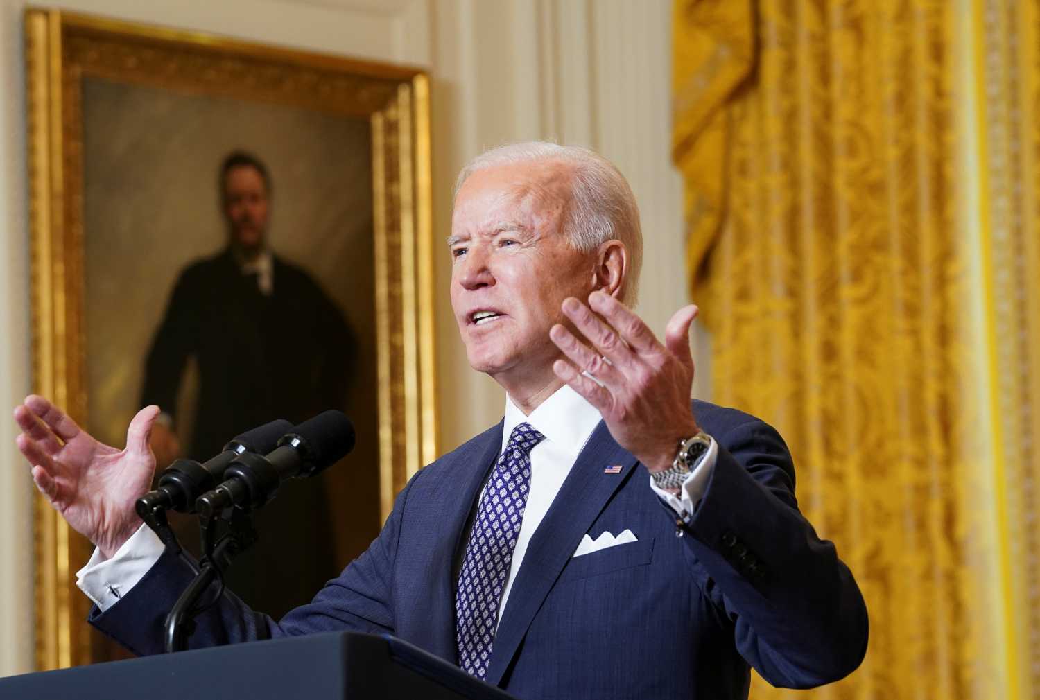 U.S. President Joe Biden delivers remarks as he takes part in a Munich Security Conference virtual event from the East Room at the White House in Washington, U.S., February 19, 2021. REUTERS/Kevin Lamarque     