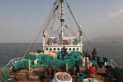 Sierra Leonean security forces supervise the crew on board the Marampa 803, a vessel apprehended for alleged illegal fishing activities, that has been moored off the West African country's capital Freetown January 21, 2012. West Africa, recognized as one of the world's richest fisheries grounds teeming with snapper, grouper, sardines, mackerel and shrimp, loses up to $1.5 billion worth of fish each year to vessels fishing in protected zones or without proper equipment or licenses. Widespread corruption and a continuing lack of resources for enforcement mean huge foreign trawlers often venture into areas near the coast that are reserved exclusively for artisanal fishermen, allowing them to drag off tonnes of catch and putting at risk the livelihoods of millions of local people. Picture taken January 21, 2012. To match Feature WESTAFRICA-FISHING/   REUTERS/Simon Akam (SIERRA LEONE - Tags: SOCIETY BUSINESS ENVIRONMENT FOOD ANIMALS)