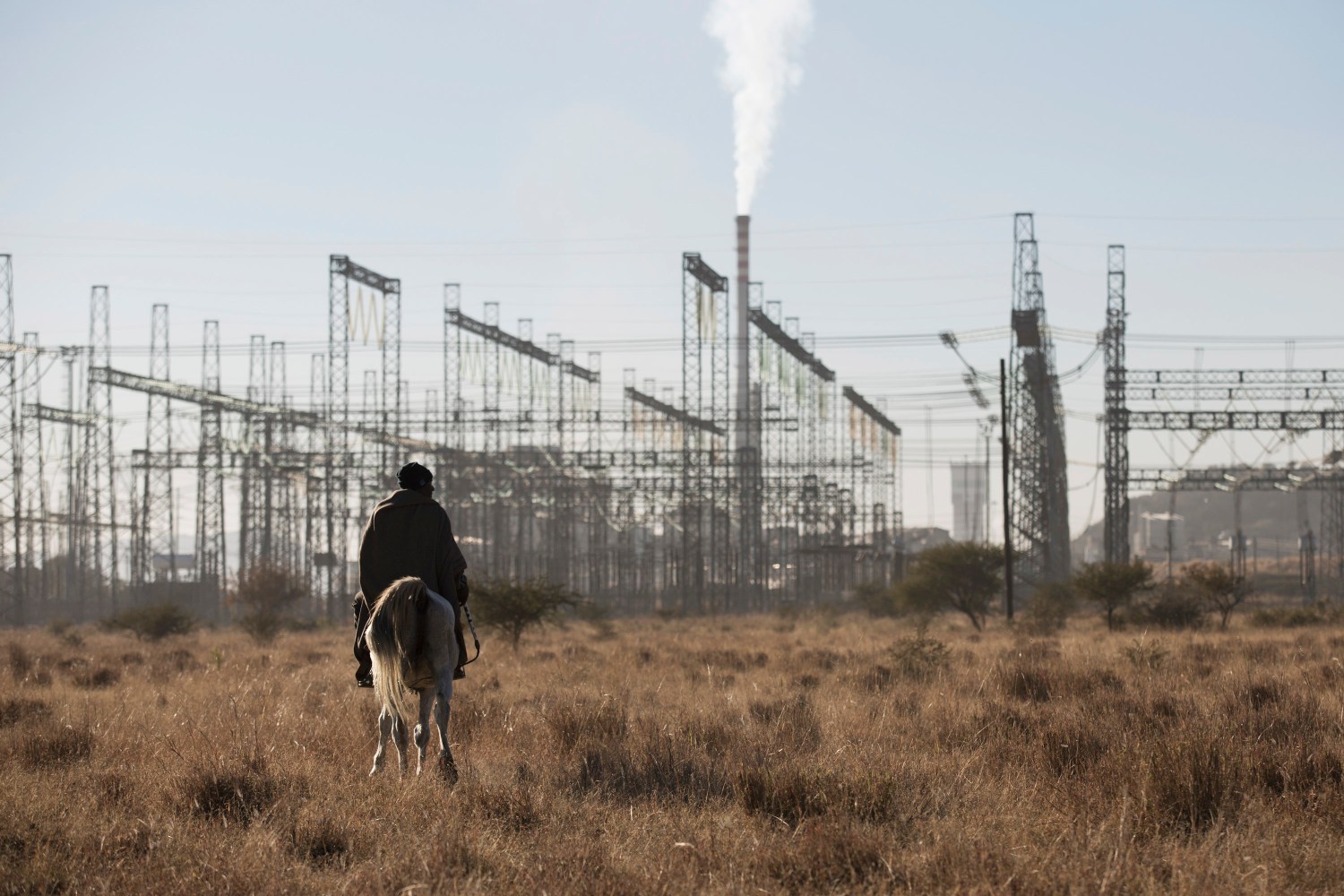A man rides his horse near power lines supplying energy to platinum mines in Marikana June 20, 2014. Around 70 000 platinum miners have been on strike for 5 months as negotiations around wages and benefits continue. REUTERS/Rogan Ward (SOUTH AFRICA - Tags: ENERGY BUSINESS EMPLOYMENT POLITICS)