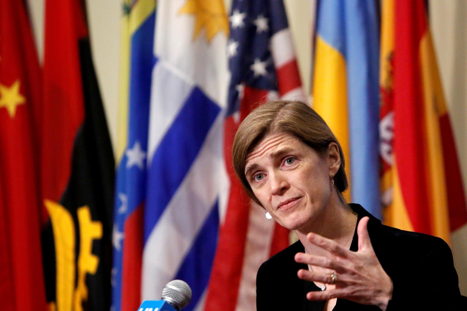 FILE PHOTO: Then-U.S. Ambassador to the United Nations Samantha Power addresses media at the United Nations in Manhattan, New York City, U.S., December 19, 2016. REUTERS/Andrew Kelly/File Photo