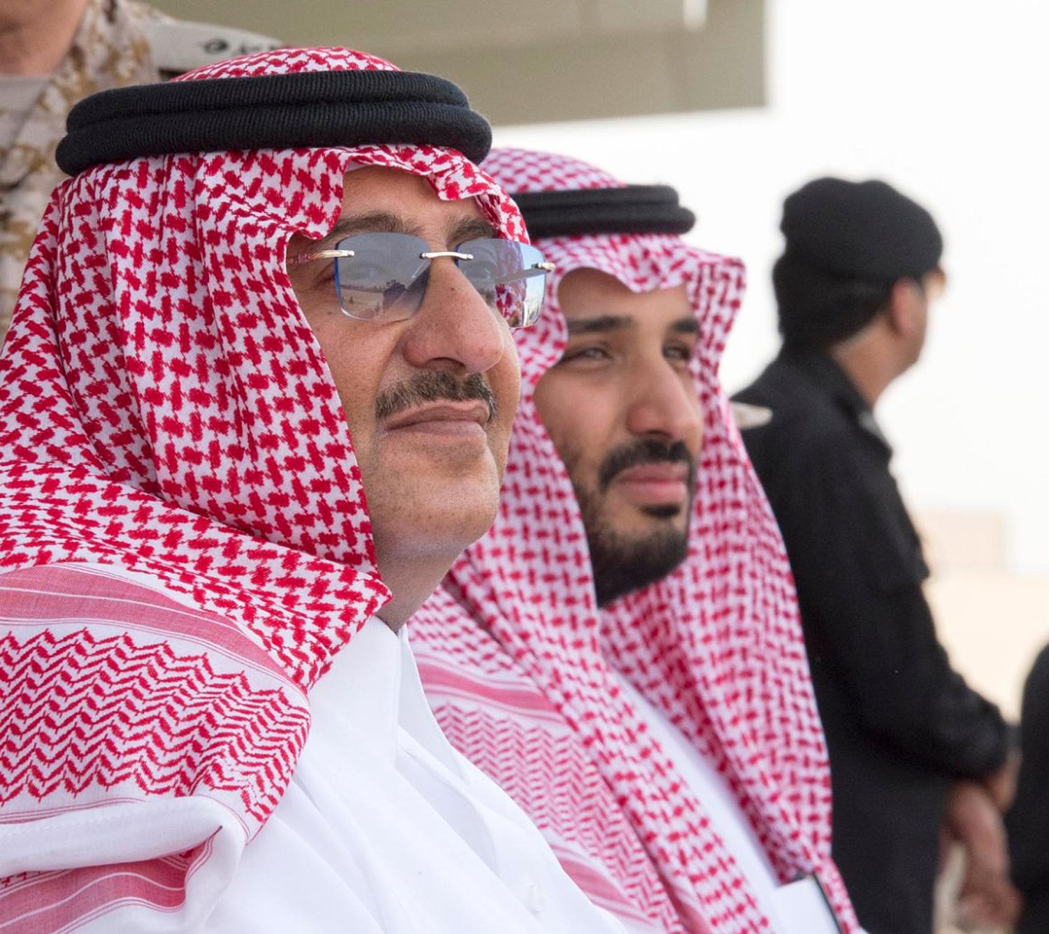File photo dated March 11, 2016 of L-R : Saudi Crown Prince Mohammed Bin Nayef and his cousin Defense Minister Mohammed Bin Salman Al Saud attend military drill "Northern Thunder" in Hafr Al Batin area, north of Saudi Arabia. A new Saudi anti-corruption body has detained 11 princes, four sitting ministers and dozens of former ministers, media reports say. The detentions came hours after the new committee, headed by Crown Prince Mohammed bin Salman, was formed by royal decree. Photo by Balkis Press/ABACAPRESS.COMNo Use World rights.