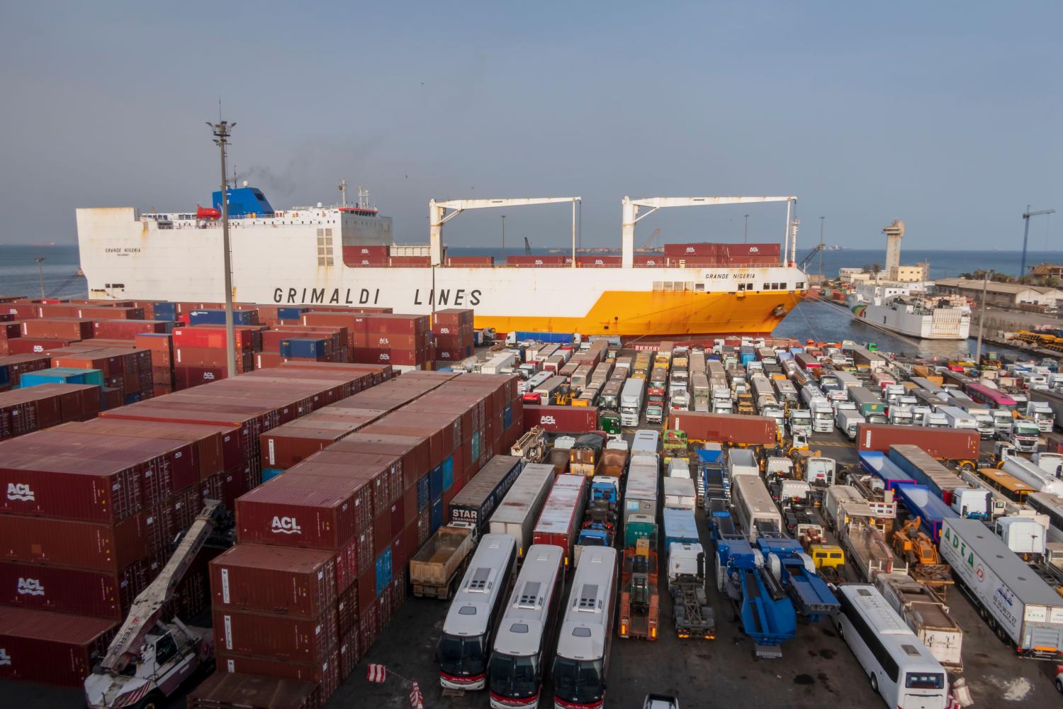 Dakar, Senegal - July 11, 2019: Ro-ro cargo ship Grande Nigeria in the port of Dakar