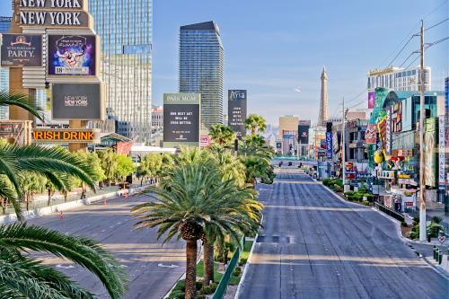 Las Vegas, NV, April 23, 2020: View of empty, eerie Las Vegas Strip during the coronavirus pandemic lock-down.