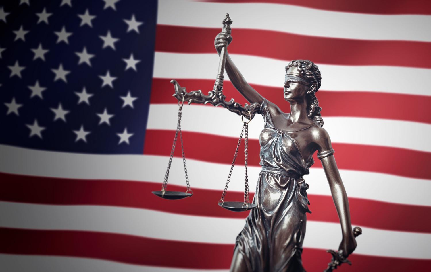 Law, legal, judge concept. Lady justice with USA flag in background