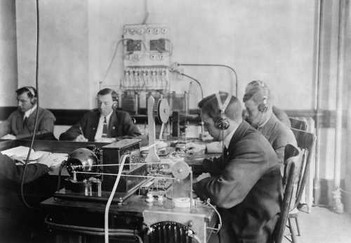 Students practicing telegraphy at the Marconi wireless school in New York City. Ca. 1912.