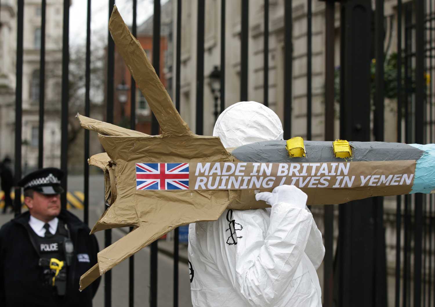 Campaigners from Amnesty International carrying a batch of five giant dummy missiles to Downing Street in London, to highlight the UK government&acirc;s refusal to halt exports of UK-manufactured arms to Saudi Arabia, despite the clear risk that they could be used to commit war crimes in Yemen.