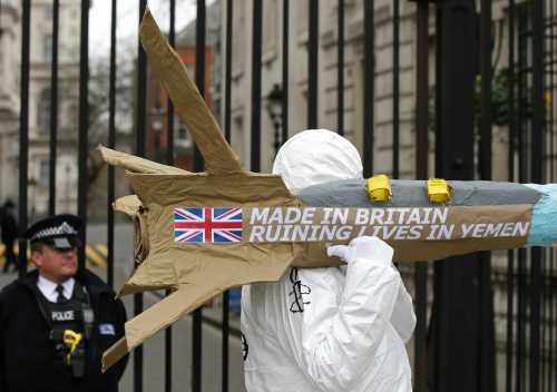 Campaigners from Amnesty International carrying a batch of five giant dummy missiles to Downing Street in London, to highlight the UK government&acirc;s refusal to halt exports of UK-manufactured arms to Saudi Arabia, despite the clear risk that they could be used to commit war crimes in Yemen.