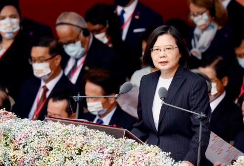 Taiwan President Tsai Ing-wen delivers the 2020 national day address, as troops of honor guards parading, saluting for the 109th annivesary of the establishment of the country, in Taipei City, Taiwan, on 10 October 2020. In her speech, Tsai stressed her administration's determination to safeguard national security of theisland and outlined the country's post-pandemic economic strategies. (Ceng Shou Yi/ SIPA USA)No Use UK. No Use Germany.