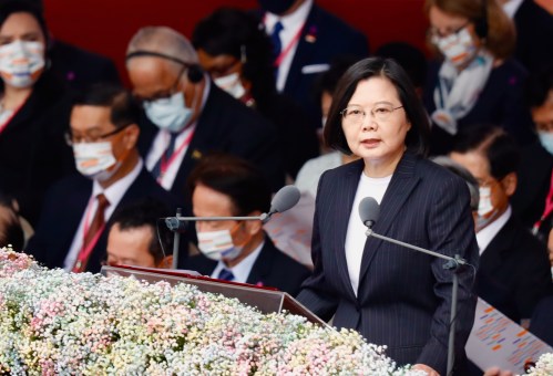 Taiwan President Tsai Ing-wen delivers the 2020 national day address, as troops of honor guards parading, saluting for the 109th annivesary of the establishment of the country, in Taipei City, Taiwan, on 10 October 2020. In her speech, Tsai stressed her administration's determination to safeguard national security of theisland and outlined the country's post-pandemic economic strategies. (Ceng Shou Yi/ SIPA USA)No Use UK. No Use Germany.