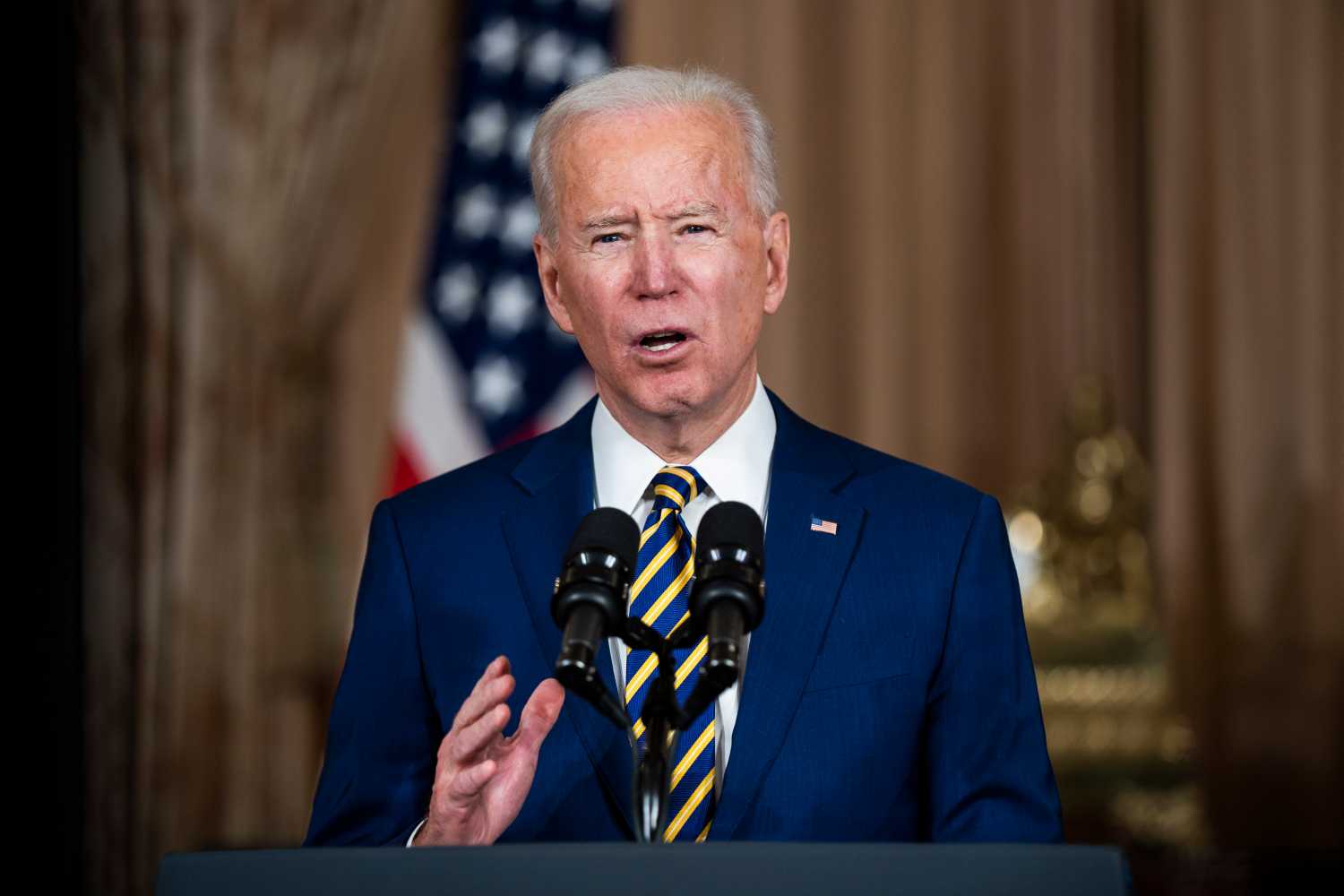 US President Joe Biden makes a foreign policy speech at the State Department in Washington, DC, USA, 04 February 2021.Biden announced that he is ending US support for the Saudis offensive operations in Yemen.No Use Germany.