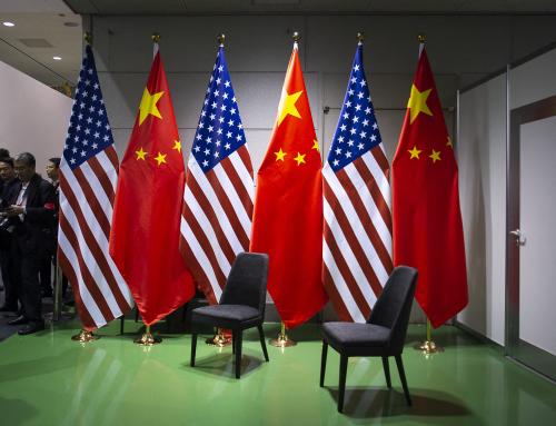 US and Chinese flags during the G20 Summit in Osaka, Japan.