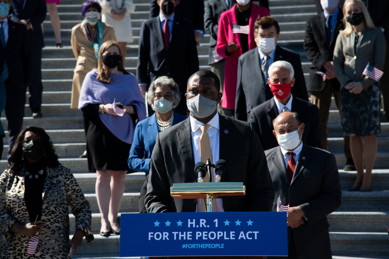 Representative Mondaire Jones (D-NY) during a press conference about H.R. 1 at the U.S. Capitol, in Washington, D.C., on Wednesday March 3, 2021. Today the House will vote on H.R. 1, the For the People Act of 2021, an election reform bill pushed by Democrats, as Congressional negotiations over additional COVID relief continue. (Graeme Sloan/Sipa USA)No Use Germany.