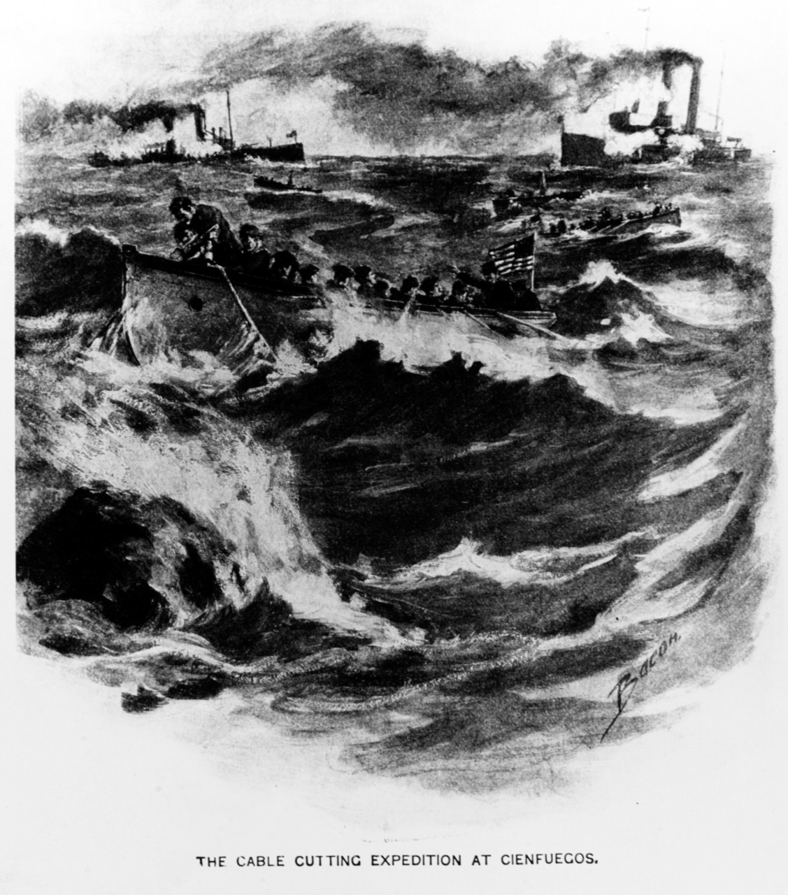 A depiction of the U.S. cable-cutting expedition at Cienfuegos published in 1907.