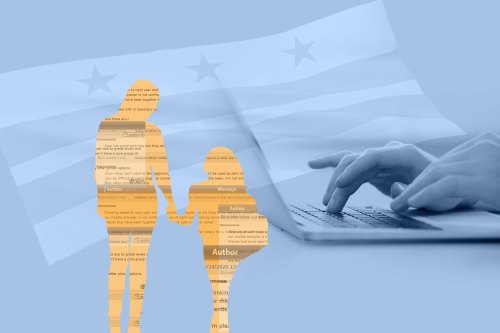 A photo illustration displaying silhouettes of a mother and daughter, next to hands working on a computer, with the Washington, DC, flag in the background.
