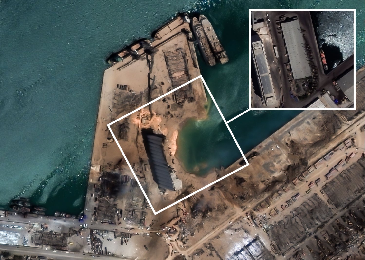 PICTURE SHOWS: Before and after the explosionThese satellite images show the extent of the devastation caused by the massive explosion at Beirut's port on Tuesday (4 August 2020).In one after photo the image shows a huge crater where a warehouse once stood.The images were captured the day after the explosion with WorldView-2 by European Space Imaging in order to assess the damage to the surrounding blast site.Almost 20 buildings have been completely destroyed, whilst hundreds of other surrounding buildings have been significantly damaged.A cruise ship has been overturned and four tankers have been damaged.According to AIS data, this cruise ship is the “Orient Queen” sailing under the flag of Bahamas, and originating from port King Abdullah, Saudi Arabia.It has been reported that the explosion at Beirut’s port resulted in the damage of 90% of the hotels in the Lebanese capital and that the blasts could be felt up to 200 km away in Cyprus.“When disaster strikes, VHR satellite imagery can provide critical information for emergency relief operations to evaluate the extent of damage and get an entire overview of the scene,” said Adrian Zevenbergen, Managing Director, European Space Imaging.“It supplies crisis management teams with logistical insights for planning and helps to monitor and detect any changes that may be critical to minimising or even eliminating further catastrophe.”The cause of the explosion is still unknown, however it has been reported that the blasts occurred in a section of the port that stores previously confiscated highly explosive substances.With the country already suffering a crippling economic crisis as a result of battling COVID-19, this explosion plummets the city into further catastrophe with the country’s leader, Hassan Diab, appealing for international assistance.Where: Beirut, LebanonWhen: 07 Aug 2020Credit: European Space Imaging/Cover Images**EDITORIAL USE ONLY. MATERIALS ONLY TO BE USED IN C