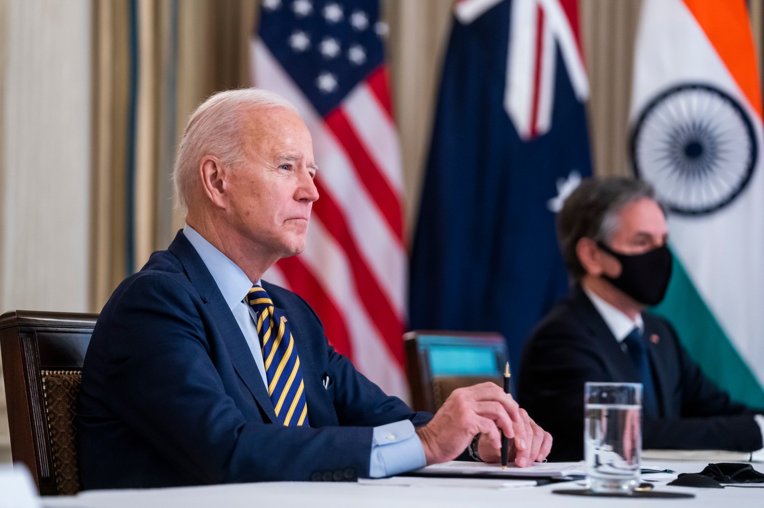 US President Joe Biden (L) and Secretary of State Antony Blinken (R) meet virtually with their counterparts in the ÔQuad,Õ Prime Minister Narendra Modi of India, Prime Minister Scott Morrison of Australia, and Prime Minister Yoshihide Suga of Japan, from the State Dining Room of the White House in Washington DC, USA, 12 March 2021. No Use Germany.