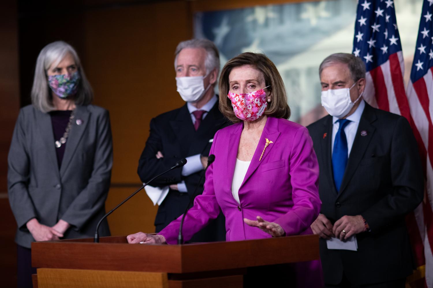 Speaker of the House Nancy Pelosi (D-CA) during a press conference at the U.S. Capitol, with Representative Katherine Clark (D-MA), the Assistant Speaker of the House, Representative Richard Neal (D-MA), and Representative John Yarmuth (D-KY), in Washington, D.C., on Tuesday, March 9, 2021. The House received the Senate version of the $1.9 trillion COVID relief bill and is expected to pass the bill on Wednesday, as the Senate continues confirming President Bidens Cabinet today. (Graeme Sloan/Sipa USA)No Use Germany.