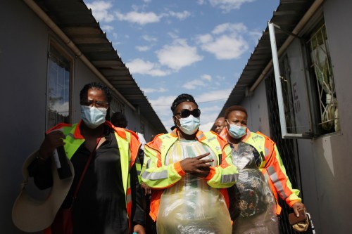 DURBAN, SOUTH AFRICA- Community health workers operate a mobile health bus in Durban, South Africa on April 16, 2020. Health Minister Zikalala officially launched the mass detection campaign for Covid-19 coronavirus, going door to door all households in the country. (NO RESALE)