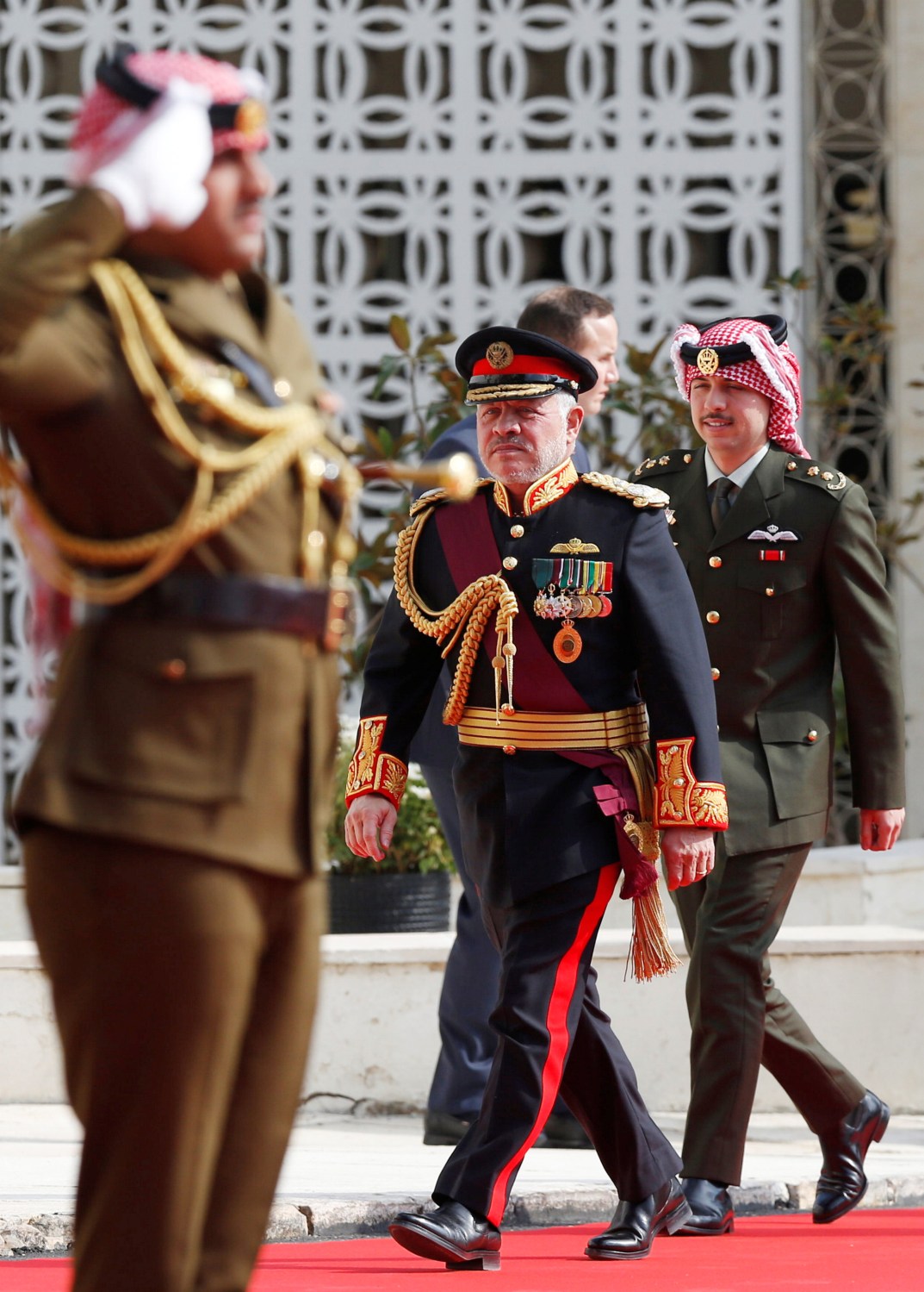 Jordan's King Abdullah and Crown Prince Hussein arrive for the opening of the fourth ordinary session of the 18th Parliament in Amman, Jordan November 10, 2019. REUTERS/Muhammad Hamed