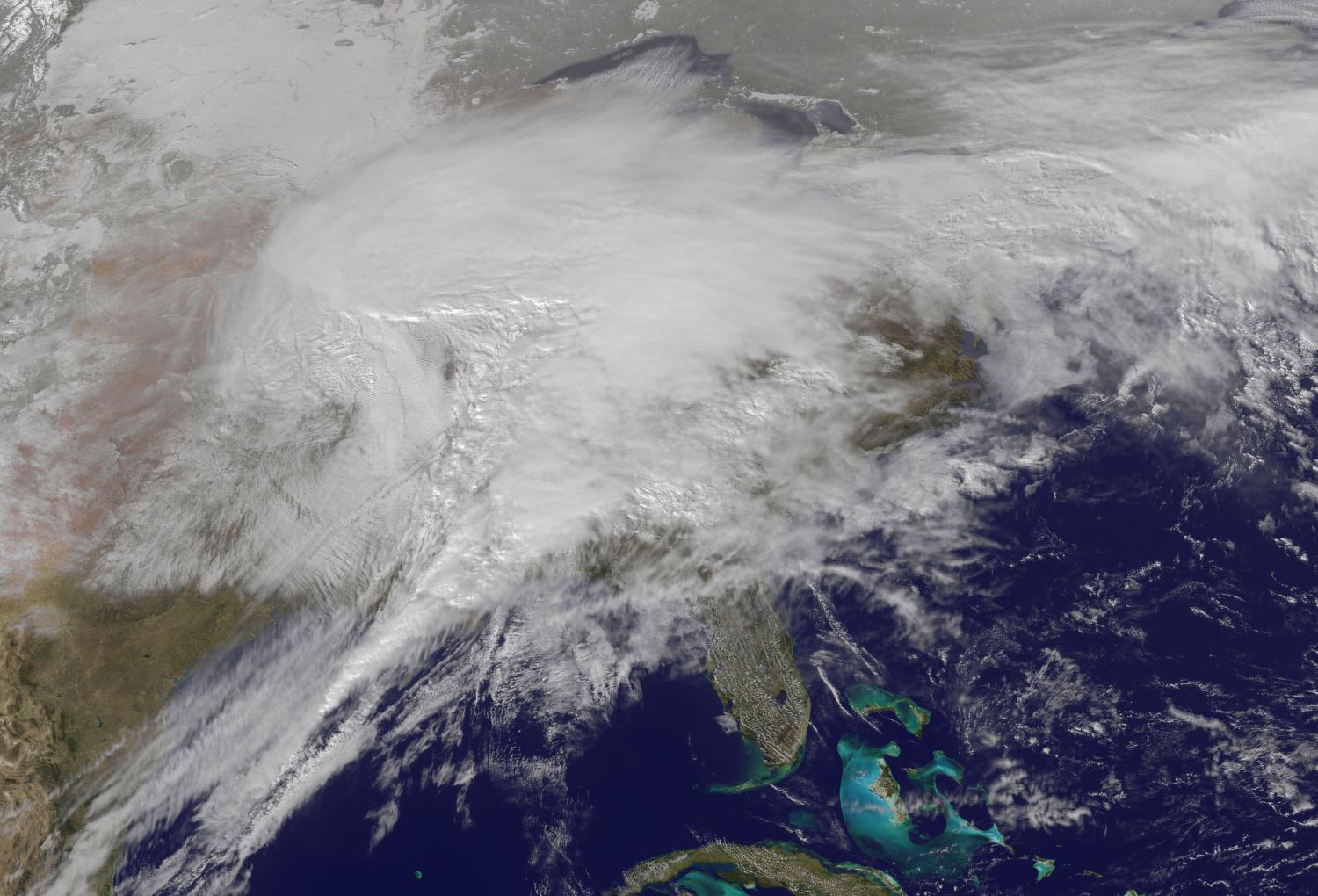This visible image captured by the NASA's GOES-13 satellite at 2:31 p.m. EST (1931 GMT) and released to Reuters on February 1, 2011 shows the low pressure area stretching from the Colorado Rockies and Texas east to New England. A colossal winter storm stretching from New Mexico to Maine hit the heartland of the United States with snow, high winds and freezing rain on Tuesday, and experts said the worst was still to come as the monster event moved northeast and temperatures plunged.   REUTERS/NASA/Handout     (UNITED STATES - Tags: ENVIRONMENT) FOR EDITORIAL USE ONLY. NOT FOR SALE FOR MARKETING OR ADVERTISING CAMPAIGNS. THIS IMAGE HAS BEEN SUPPLIED BY A THIRD PARTY. IT IS DISTRIBUTED, EXACTLY AS RECEIVED BY REUTERS, AS A SERVICE TO CLIENTS