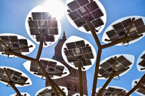 In the city of Marrakech, Morocco on 10/20/2017. Photograph taken at the Mosque of Kutubia in the center of Marrakech where sun rays can be seen through solar panels. R