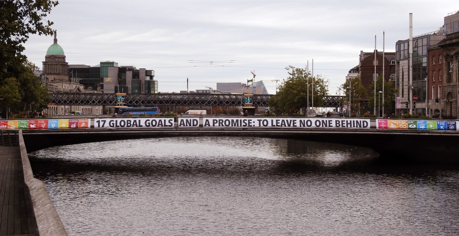 26th September 2018, Dublin. United Nations Sustainable Development 17 Global Goals banner displayed across Dublin's Rosie Hackett Bridge over the River Liffey.