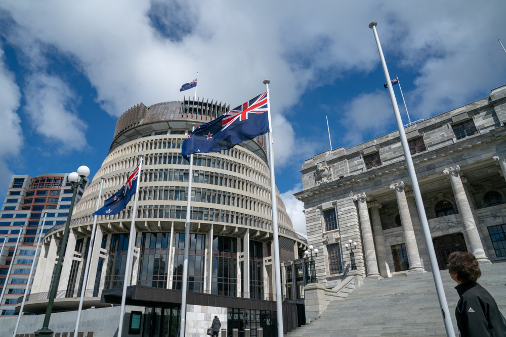 New Zealand flag in front of government building