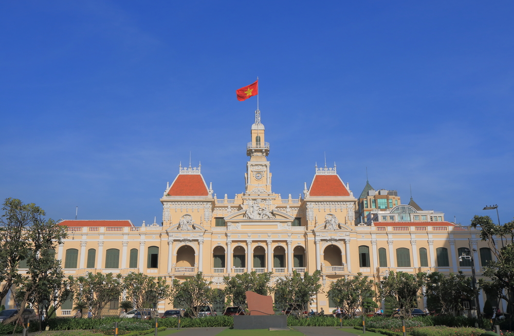 Government building city hall Vietnam with flag flying