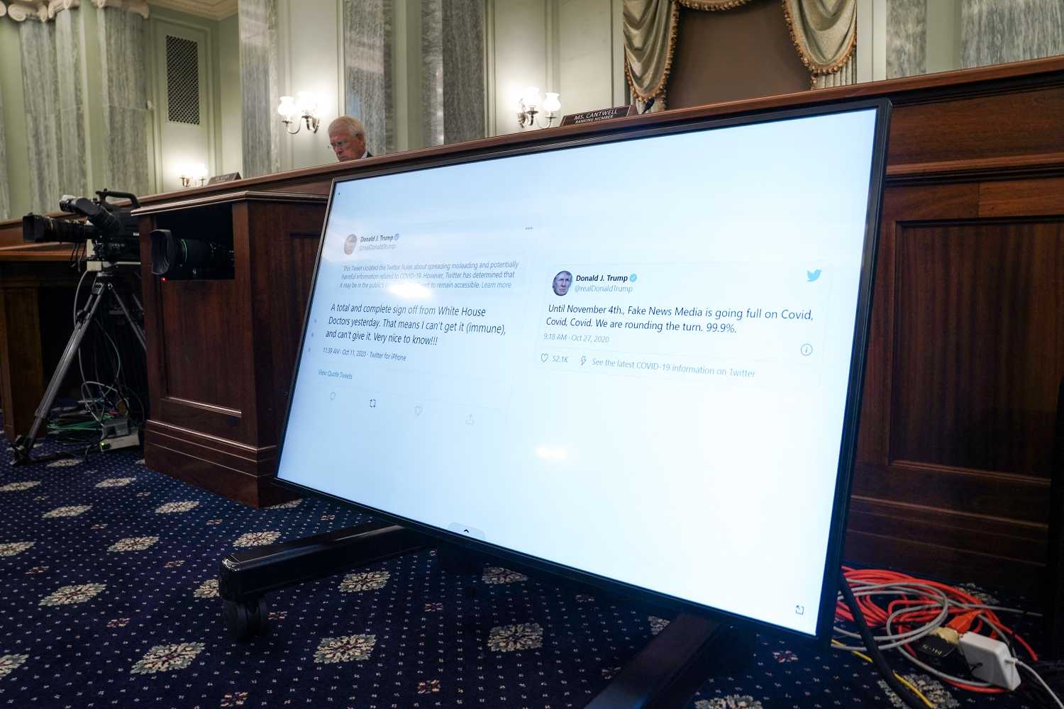 Tweets from President Donald Trump are seen as Sen. Tammy Baldwin (D-Wis.) asks questions during a Senate Commerce, Science, and Transportation Committee hearing to discuss reforming Section 230 of the Communications Decency Act with big tech companies on Wednesday, October 28, 2020. Photo by Greg Nash/Pool/ABACAPRESS.COM