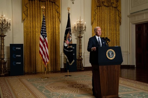 WASHINGTON, DC - FEBRUARY 19: U.S. President Joe Biden delivers remarks at a virtual event hosted by the Munich Security Conference in the East Room of the White House on February 19, 2021 in Washington, DC. In his remarks, President Biden stressed the United States' commitment to NATO after four years of the Trump administration undermining the alliance. (Photo by Anna Moneymaker-Pool/Getty Images)