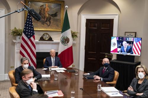 United States President Joe Biden participates in a virtual bilateral meeting with President Andrés Manuel López Obrador of Mexico in the Roosevelt Room of the White House in Washington. Also in attendance is U.S. National Security Advisor Jake Sullivan, U.S. Secretary of State Antony Blinken, U.S. Secretary of Homeland Security Alejandro Mayorkas and Elizabeth Sherwood-Randall, Deputy National Security Advisor for Homeland Security.Featuring: Joe Biden, Alejandro Mayorkas, Antony Blinken, Jake Sullivan, Elizabeth Sherwood-Randall, Andrés Manuel López ObradorWhere: Washington, District Of Columbia, United StatesWhen: 01 Mar 2021Credit: POOL via CNP/InStar/Cover Images