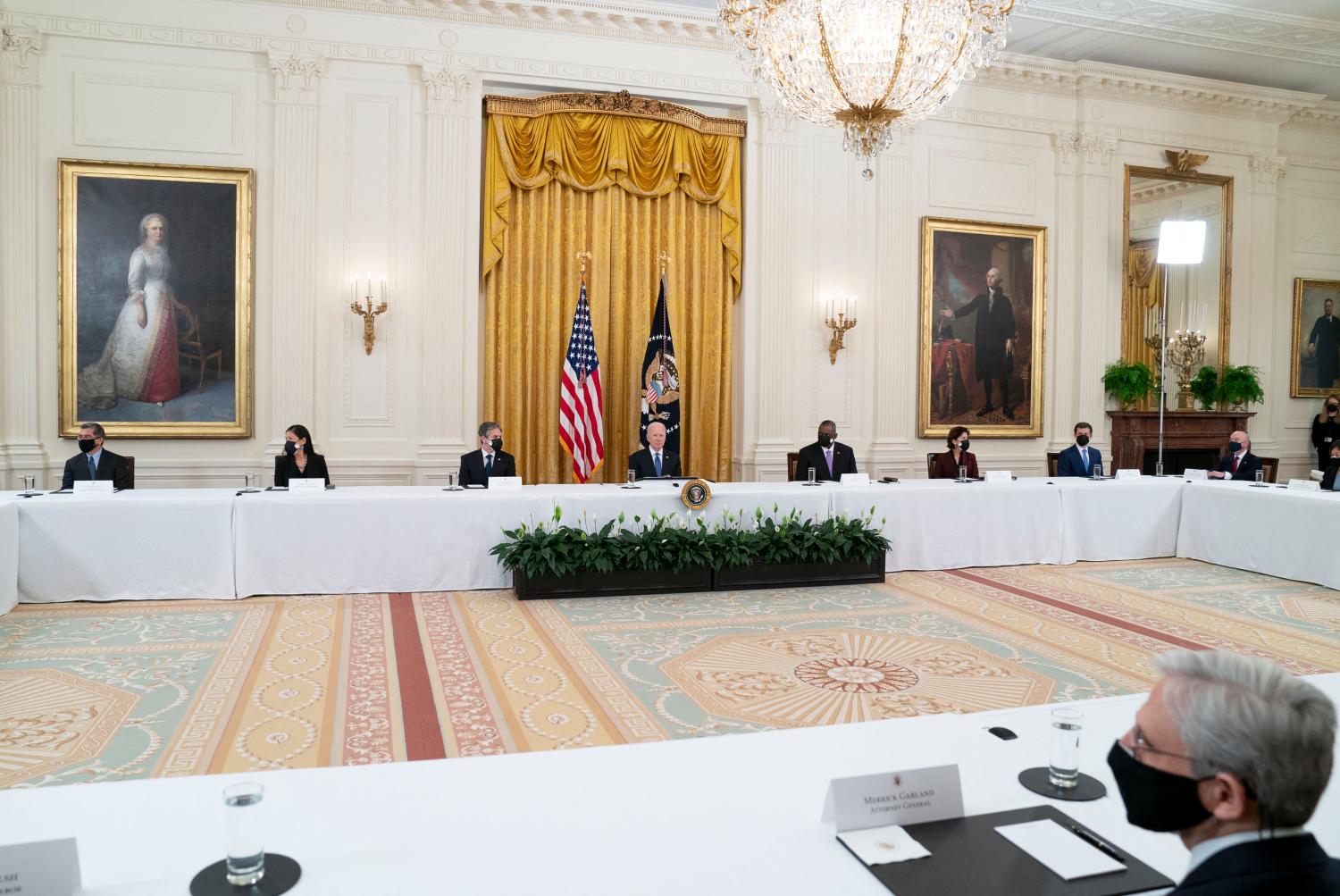 President Joe Biden holds a Cabinet Meeting in the East Room of the White House in Washington D.C. on Thursday, April 1, 2021. President Biden announced that he is asking five cabinet members to explain his jobs plan to the American public. Photo by Leigh Vogel/Pool/ABACAPRESS.COMPhoto by Leigh Vogel/Pool/ABACAPRESS.COM