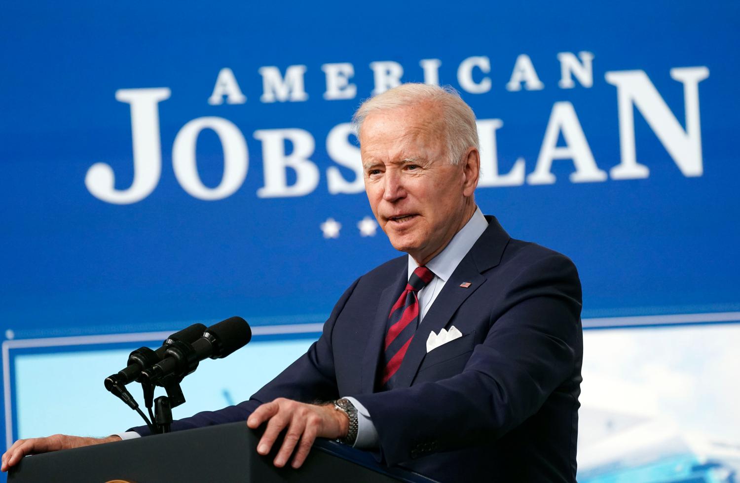 President Joe Biden delivers remarks on the investments in the American Jobs Plan in the South Court Auditorium in Washington D.C. on Wednesday, April 7, 2021. Vice President Kamala Harris looked on as President Biden delivered remarks aimed at pressuring Republicans to support his $2.25 trillion infrastructure plan. Photo by Leigh Vogel/Pool/Sipa USANo Use Germany.