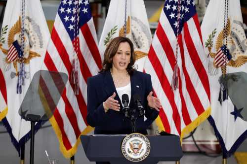 U.S. Vice President Kamala Harris delivers remarks on American Economic Recovery during a speech at Guilford Technical Community College in Greensboro, North Carolina, U.S., April 19, 2021. REUTERS/Tom Brenner
