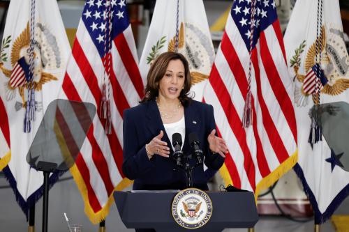 U.S. Vice President Kamala Harris delivers remarks on American Economic Recovery during a speech at Guilford Technical Community College in Greensboro, North Carolina, U.S., April 19, 2021. REUTERS/Tom Brenner