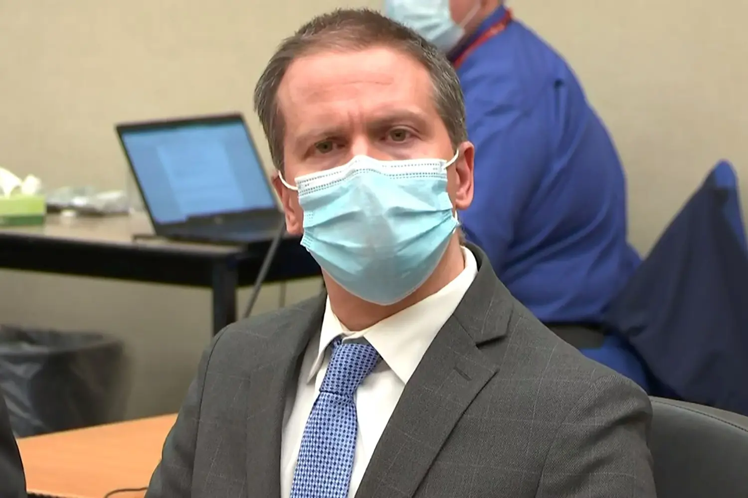 Former Minneapolis police officer Derek Chauvin listens as a jury finds him guilty of all charges in his trial for second-degree murder, third-degree murder and second-degree manslaughter in the death of George Floyd in Minneapolis, Minnesota, U.S. April 20, 2021 in a still image from video.  Pool via REUTERS