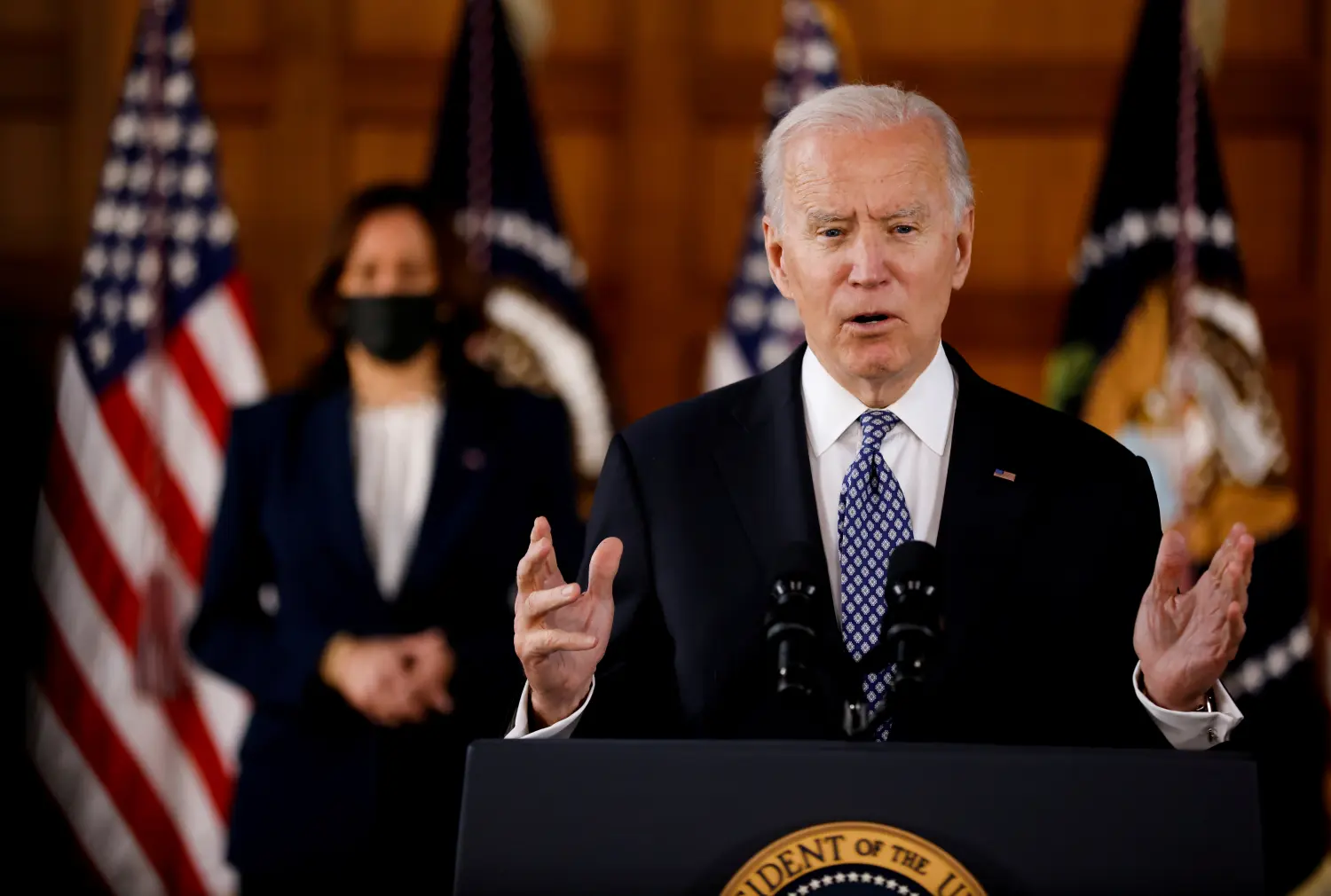 FILE PHOTO: U.S. President Joe Biden and Vice President Kamala Harris deliver remarks after meeting with Asian-American leaders to discuss "the ongoing attacks and threats against the community," during a stop at Emory University in Atlanta, Georgia, U.S., March 19, 2021. REUTERS/Carlos Barria/
