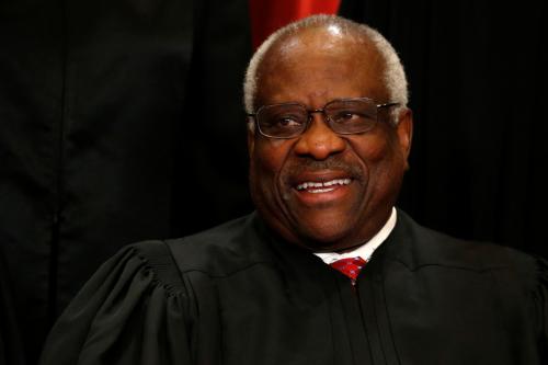 U.S. Supreme Court Justice Clarence Thomas participates in taking a new family photo with his fellow justices at the Supreme Court building in Washington, D.C., U.S., June 1, 2017. REUTERS/Jonathan Ernst