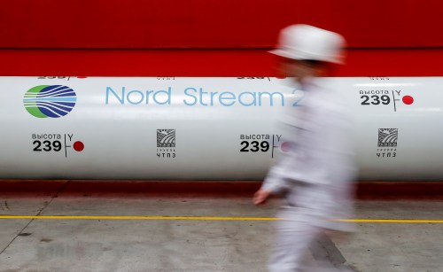 FILE PHOTO: The logo of the Nord Stream 2 gas pipeline project is seen on a pipe at Chelyabinsk pipe rolling plant owned by ChelPipe Group in Chelyabinsk, Russia, February 26, 2020.  REUTERS/Maxim Shemetov/File Photo