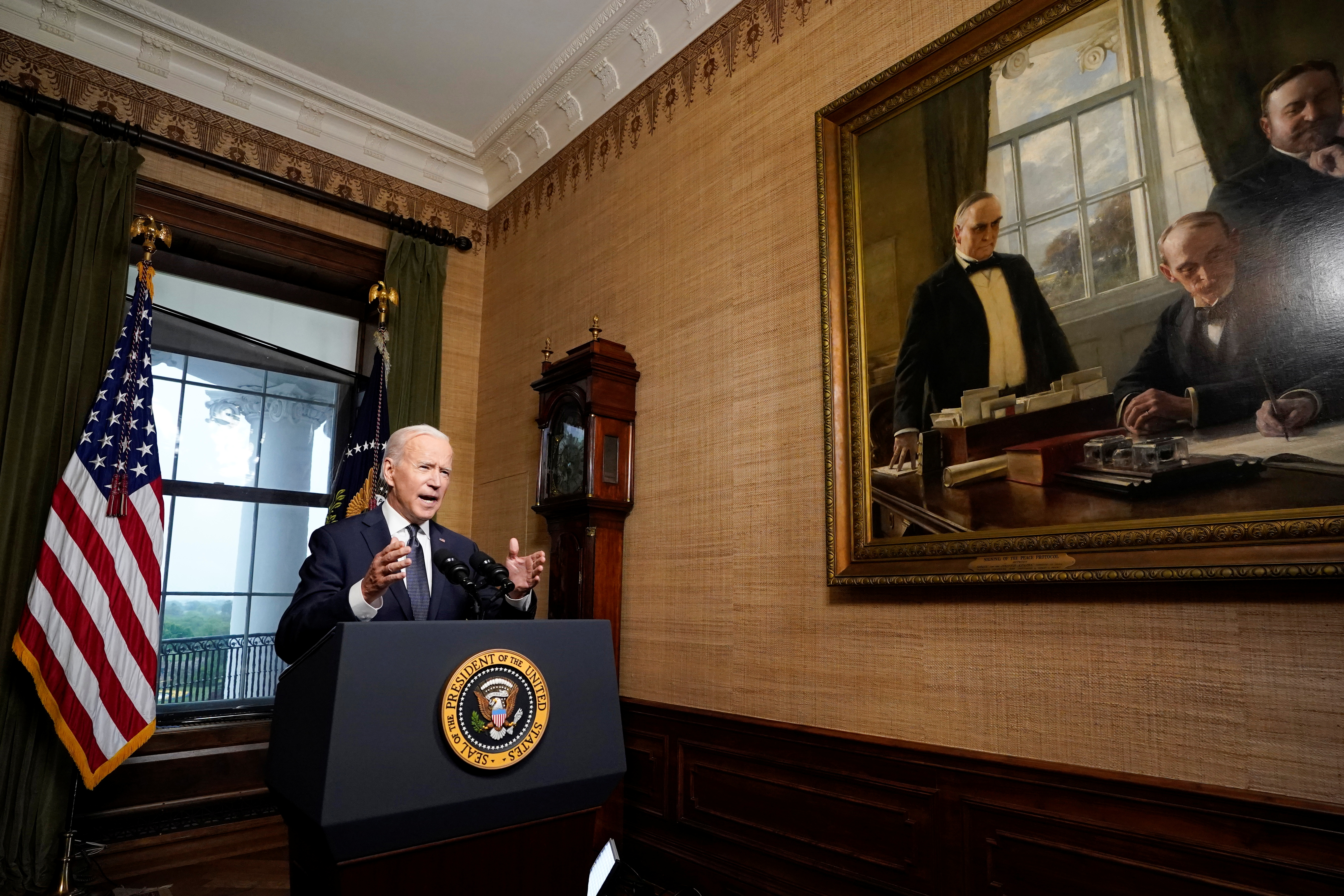 U.S. President Joe Biden delivers remarks on his plan to withdraw American troops from Afghanistan, at the White House, Washington, U.S., April 14, 2021. Andrew Harnik/Pool via REUTERS