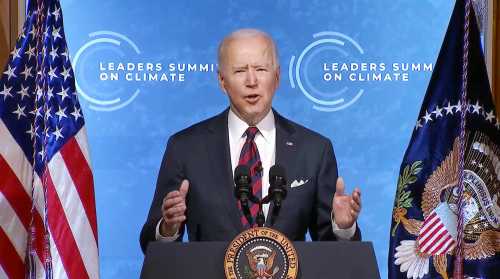 Screenshot image shows U.S. President Joe Biden speaking during a two-day virtual climate summit that kicked off on April 22, 2021. (Kyodo)==KyodoNO USE JAPAN