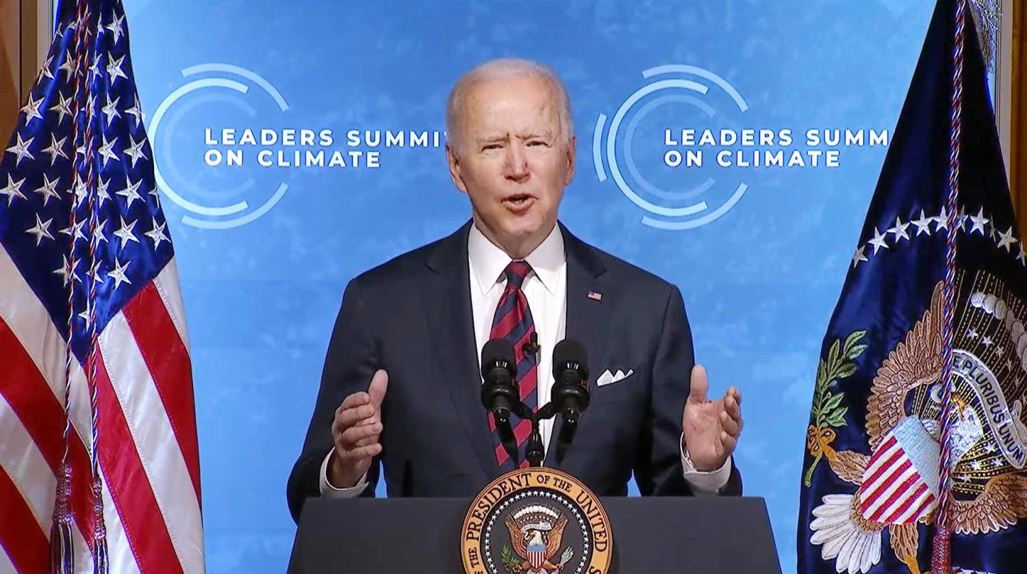 Screenshot image shows U.S. President Joe Biden speaking during a two-day virtual climate summit that kicked off on April 22, 2021. (Kyodo)==KyodoNO USE JAPAN