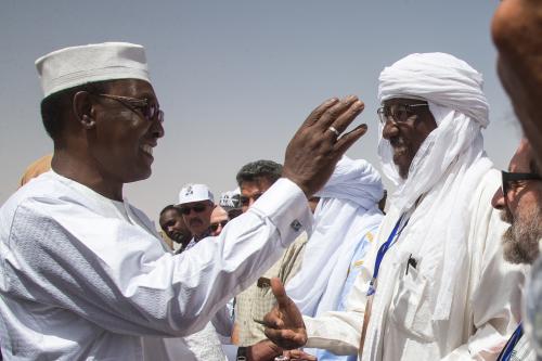 File photo - Chad, Ennedi, Amdjarass, arrival of President Idriss Deby with his wife in his native village and official welcome at the airport. Chads President Idriss Deby has died while visiting troops on the front line of a fight against northern rebels, an army spokesman said on Tuesday, the day after Deby was declared the winner of a sixth term in office. Deby's campaign said on Monday that he was headed to the front lines to join troops battling "terrorists". Photo by Pascal Avenet/ABACAPRESS.COM