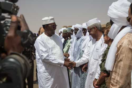 File photo - Chad, Ennedi, Amdjarass, arrival of President Idriss Deby with his wife in his native village and official welcome at the airport. Chads President Idriss Deby has died while visiting troops on the front line of a fight against northern rebels, an army spokesman said on Tuesday, the day after Deby was declared the winner of a sixth term in office. Deby's campaign said on Monday that he was headed to the front lines to join troops battling "terrorists". Photo by Pascal Avenet/ABACAPRESS.COM