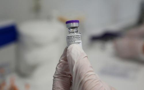 A nurse holds a vial of the Pfizer-BioNTech coronavirus disease (COVID-19) vaccine at Ankara City Hospital in Ankara, Turkey, April 2, 2021. REUTERS/Cagla Gurdogan
