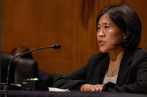 Katherine Tai, nominee for US Trade Representative speaks at the Senate Finance Committee hearing at the US Capitol in Washington, DC, U.S. February 25, 2021. Tasos Katopodis/Pool via REUTERS